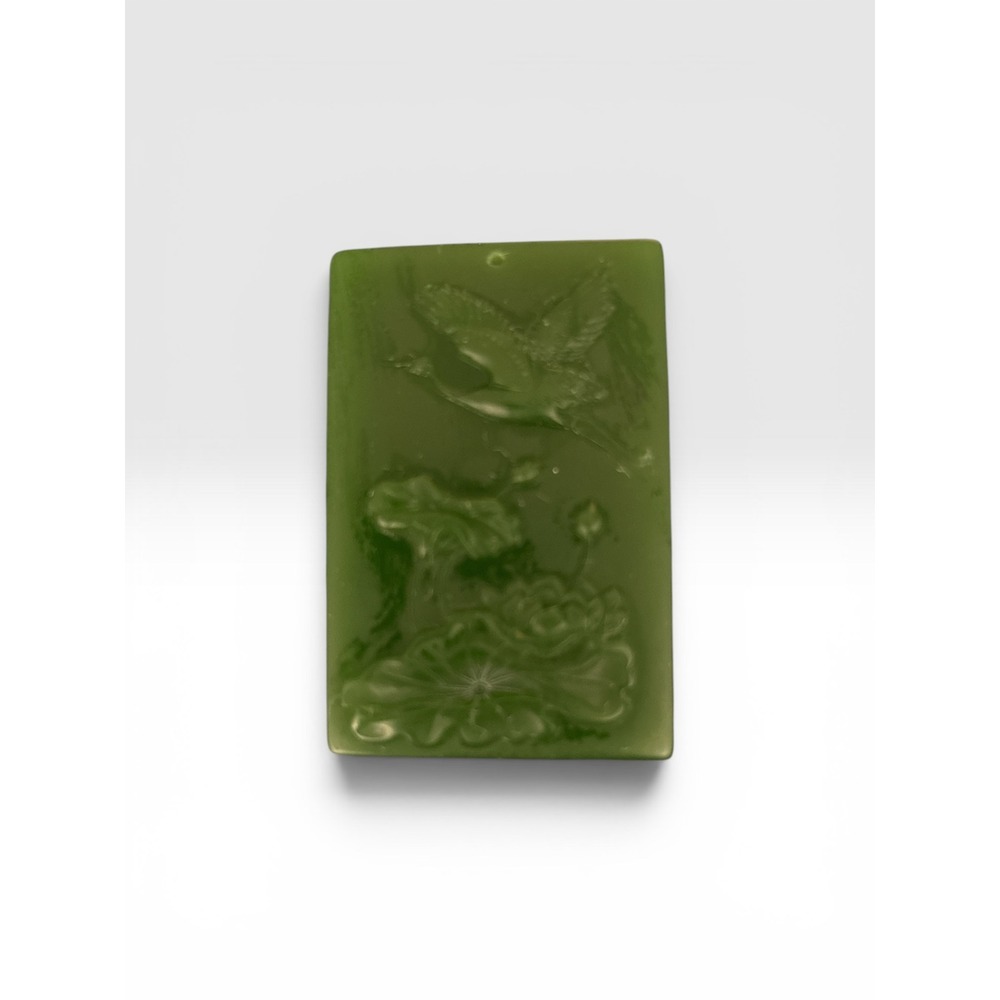 Vintage Green Jade Carved Crane Lotus Rectangular Pendant Plaque 2.5 Inch